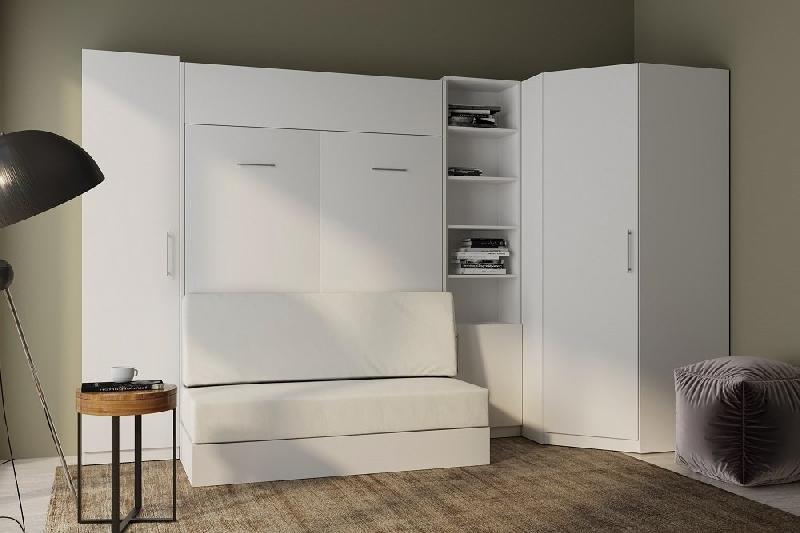 Composition angle lit escamotable blanc Dynamo Sofa - canapé blanc cassé 140x200 cm - bibliothèque et rangement intégrés_1