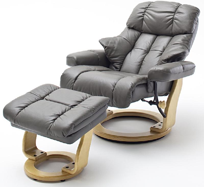 Fauteuil relax CLAIRAC - assise en cuir nougat, pied en bois naturel avec repose-pied, inclinable à 135° et rotatif 360°_1