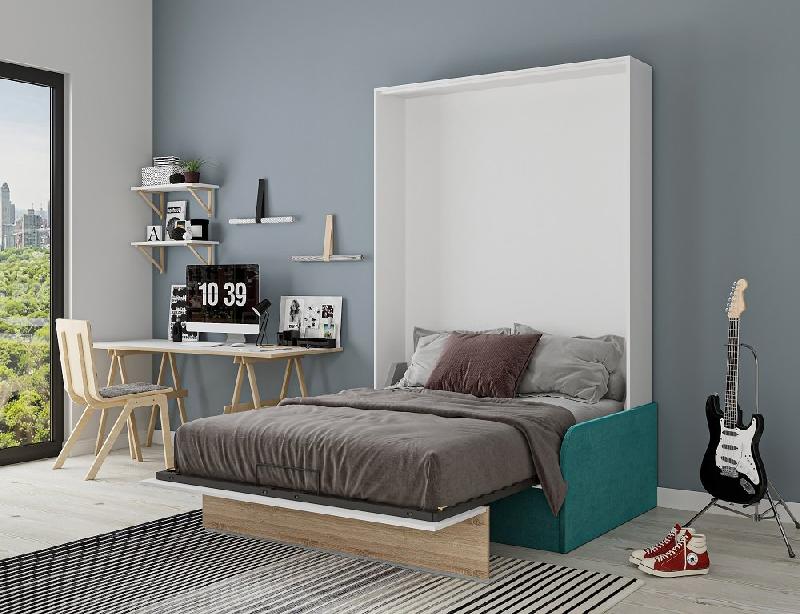 Armoire lit escamotable Bermudes Sofa - Blanc bandeau chêne - Canapé bleu azur - Couchage 160x200 cm_1