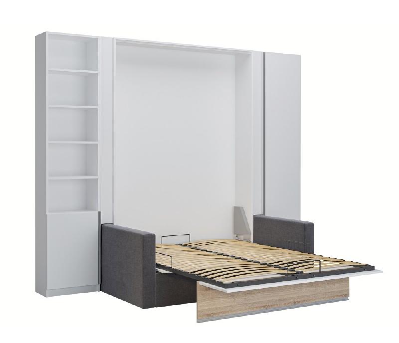 Composition lit escamotable 160 cm blanc mat avec bandeau chêne DJUKE SOFA - Canapé gris et 2 colonnes_1