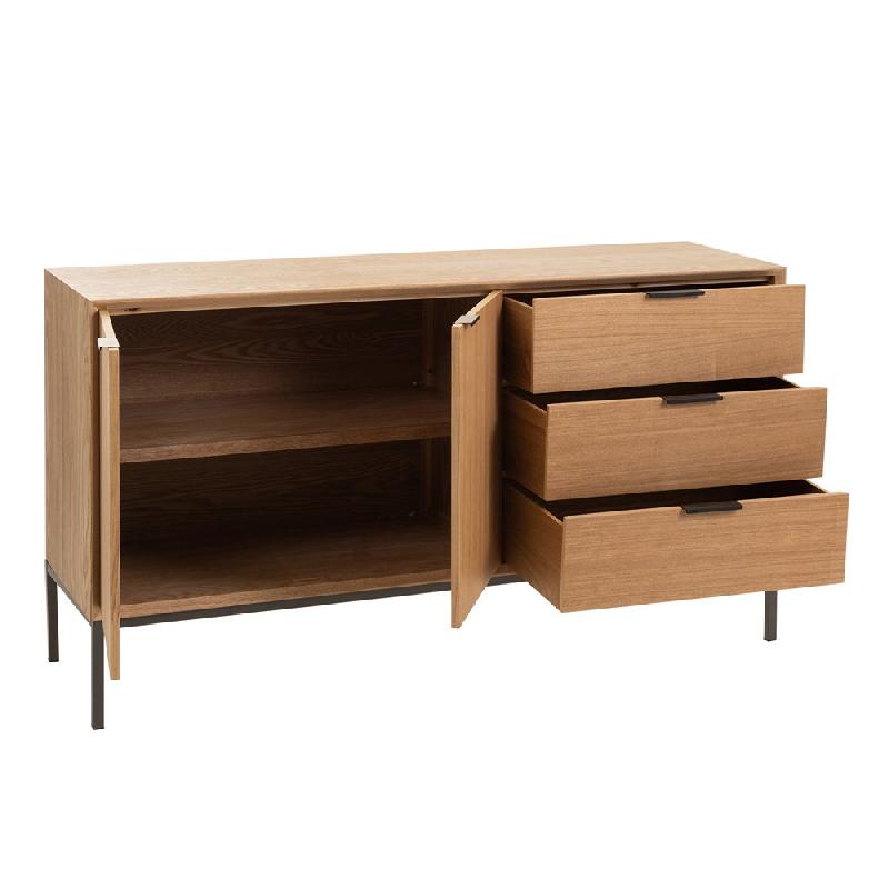 Buffet bas design BOZA - 2 portes, 3 tiroirs en bois naturel massif avec étagères - Style industriel classique_1