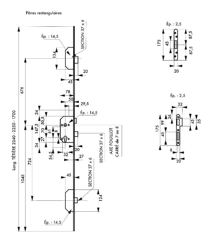 Serrure multipoint à encastrer 3 points NF QC Thirard - pênes rectangulaires, têtière 2040 x 18 mm, carré 7 mm avec 3 gâches_1