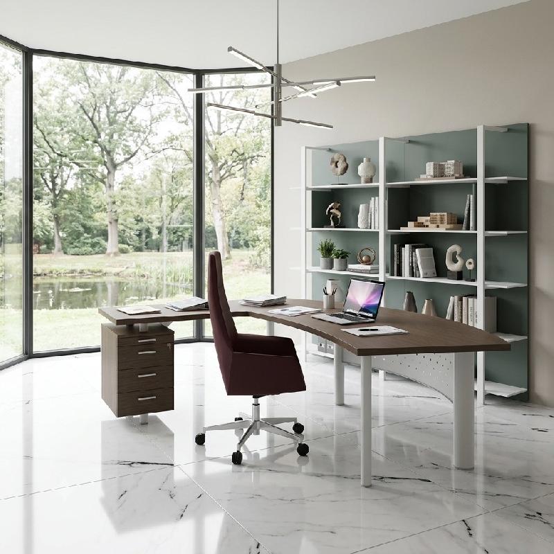Bureau d'angle X time Next avec retour et caisson - Quadrifoglio. - 237, Blanc, Gauche, 3 tiroirs, Eucalyptus 53_1