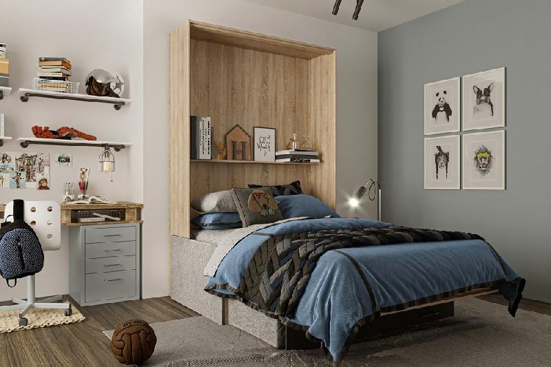 Lit escamotable industriel KEY SOFA avec canapé en tissu gris et teinte chêne - 140x200 cm_1