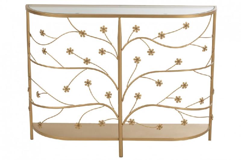 Console demi-lune MELAURE en métal doré - Plateau en verre - Motifs fleuris - L100 x H77 x P24_1