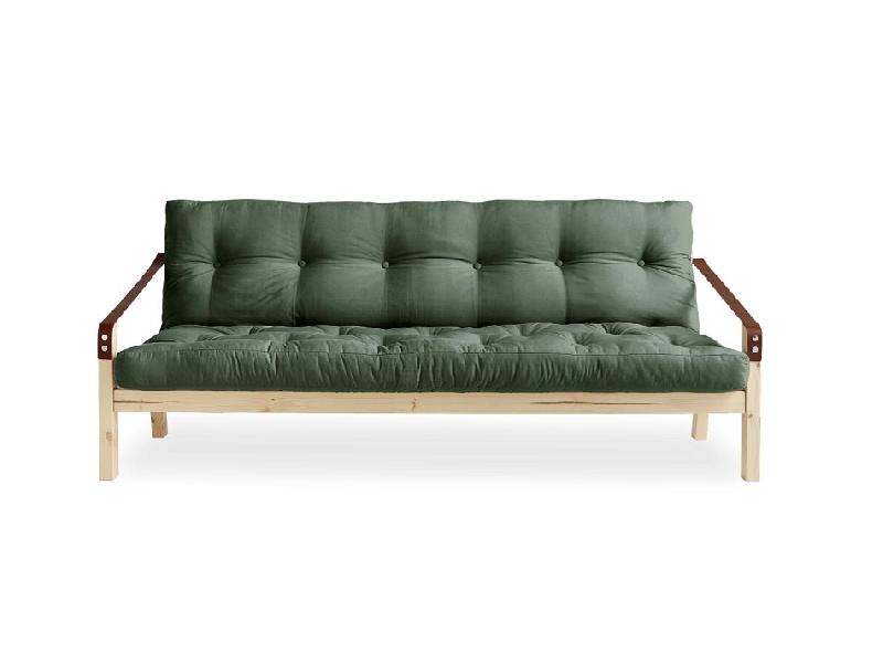 Banquette futon Poetry en pin massif - coloris vert olive - couchage 130 x 190 cm - design scandinave avec accoudoirs en cuir_1