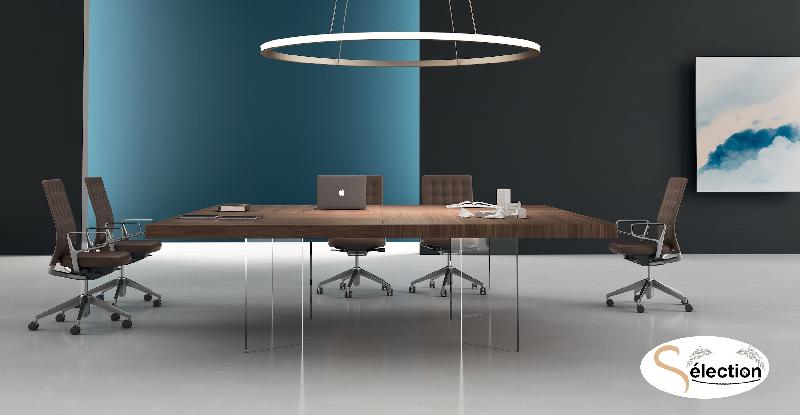 Table de réunion carrée Kyo avec pieds verre - Martex - Noyer_1