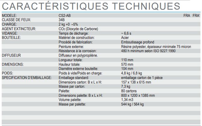 Extincteur portatif CS2-AB - dioxyde de carbone (CO2) - Anaf - capacité 2 kg - certifié PED, MED et NF EN3_1