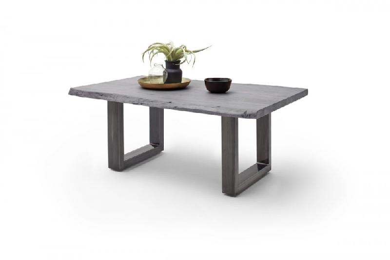 Table basse Claren - plateau 110 cm en acacia massif laqué gris - piétement en U en acier finition vintage_1