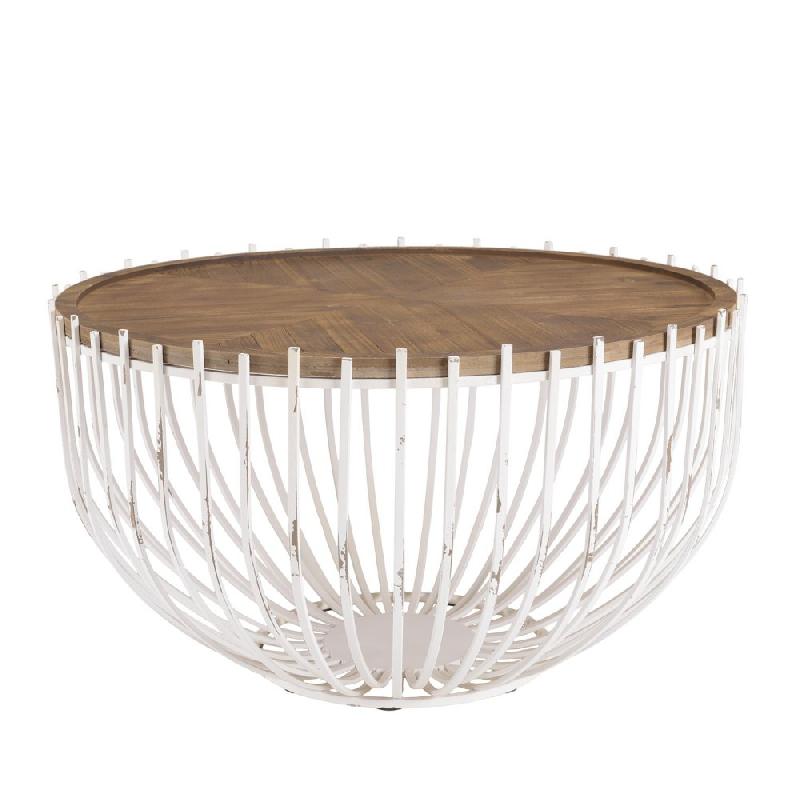 Table Basse Ronde Design Français - Plateau Marron Vieilli, Pieds Courbes Blancs - 3 Tailles (45, 48, 76 Cm) - Sécurité Enfants