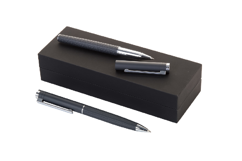 Set de stylos - Stylo à bille et roller en aluminium texturé - Boîte cadeau noire_1
