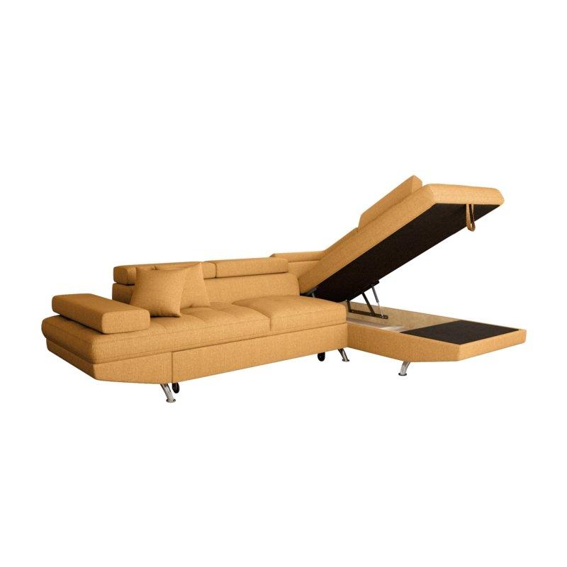 Canapé d'angle à droite convertible RINO jaune - avec coffre de rangement, têtières réglables et accoudoir relevable_1