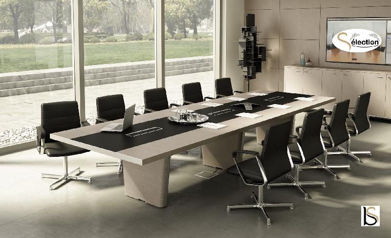 Table de réunion rectangulaire série X10 finition hébénisterie - Officity - 420, Ébène, Cuir anthracite_1