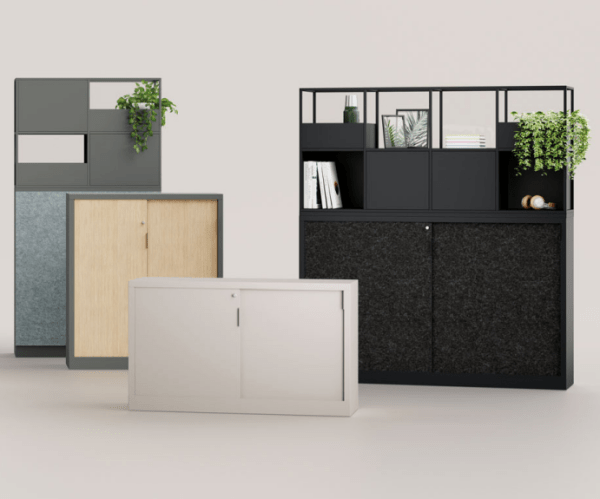 Comptoir à porte coulissante Mobimetal - acier, bois ou feutre - options acoustiques - personnalisable_1