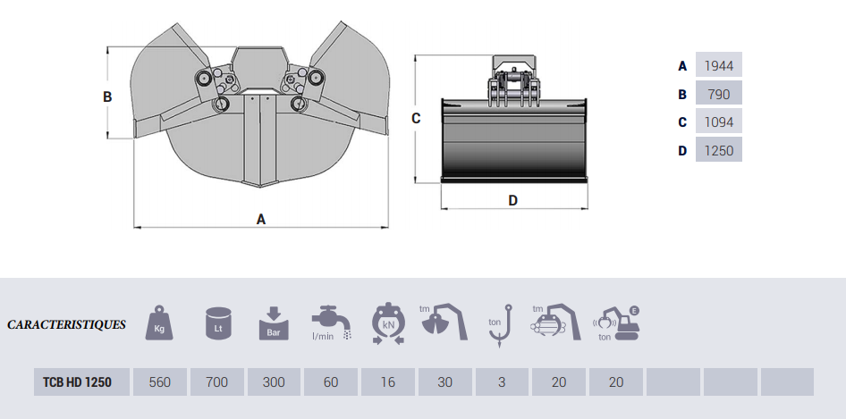 Bennes preneuses pour pelles TCB1250 HD - Intermercato - Ouverture 1,94 m - Poids 560 kg_1