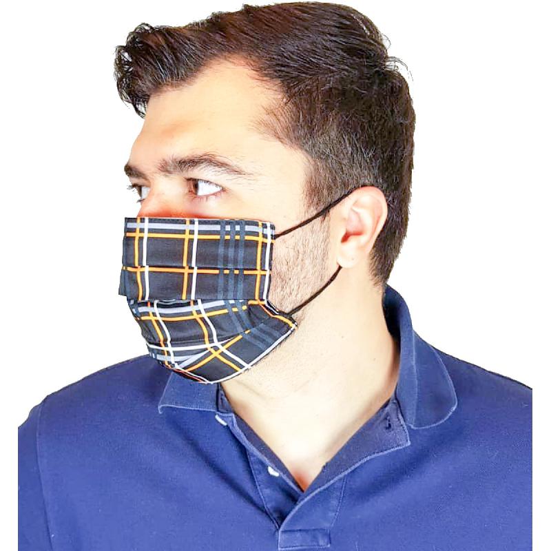 Masque lavable en soie imprimée écossais - doublé coton noir - 2 couches 3 plis - Réf 30274.01.1_1
