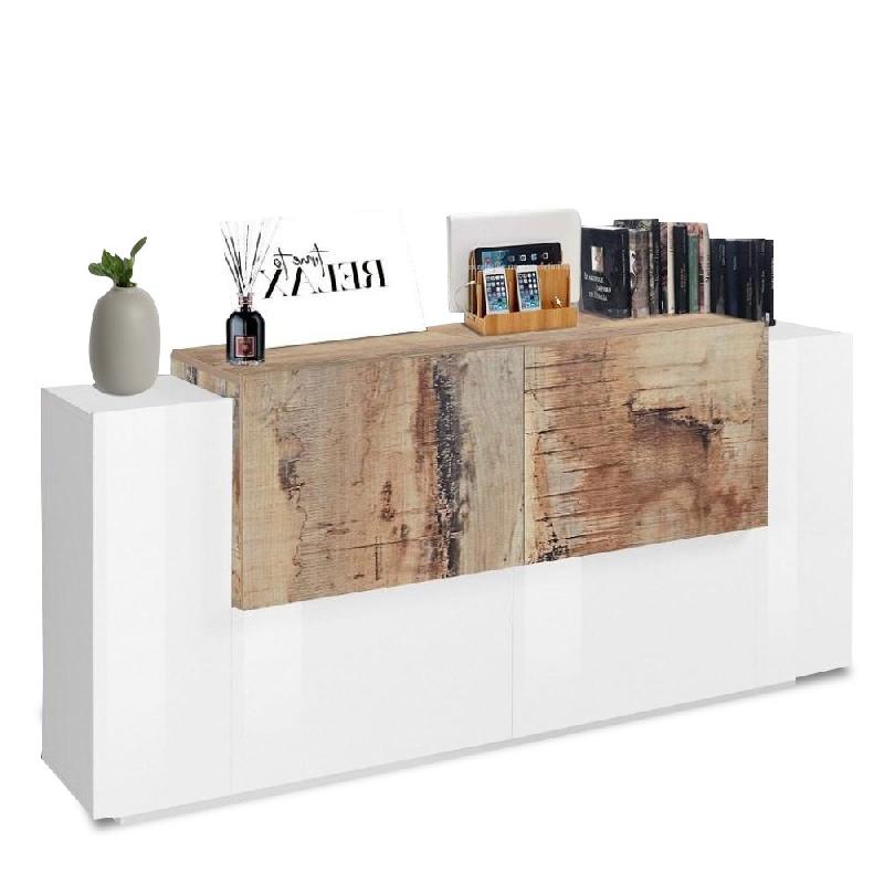 Buffet design CORO 160 cm - Blanc laqué brillant et érable vintage - Rangement spacieux_1
