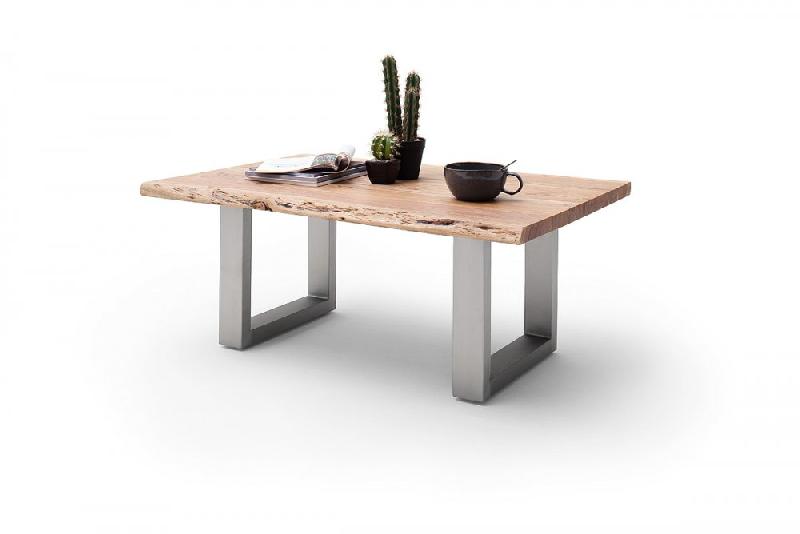 Table basse Claren - plateau 110 cm en acacia massif naturel laqué - piétement en U acier brossé_1