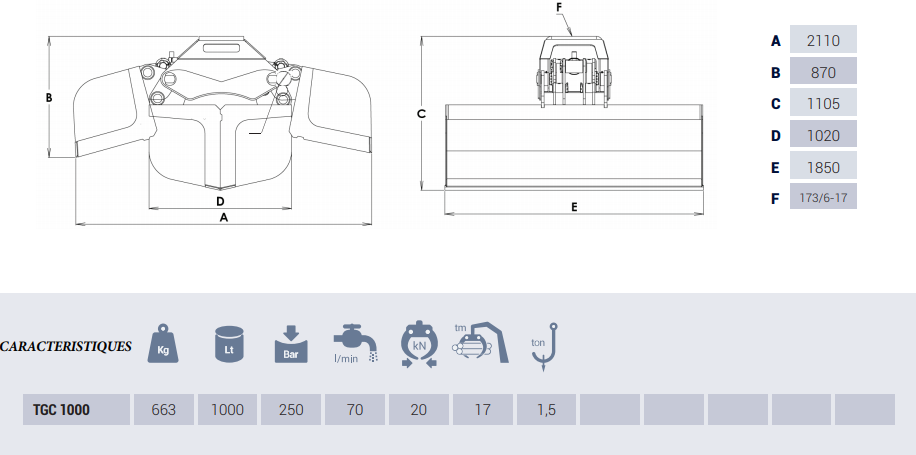 Bennes preneuses pour grues TGC1000 - Intermercato - ouverture 2,11 m, poids 663 kg, usage intensif_1
