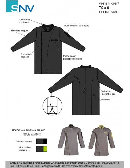 Florenml159 - Veste de cuisine SNV - Manches longues - 1 poche passepoilée côté cœur et 1 poche stylo manche gauche_1