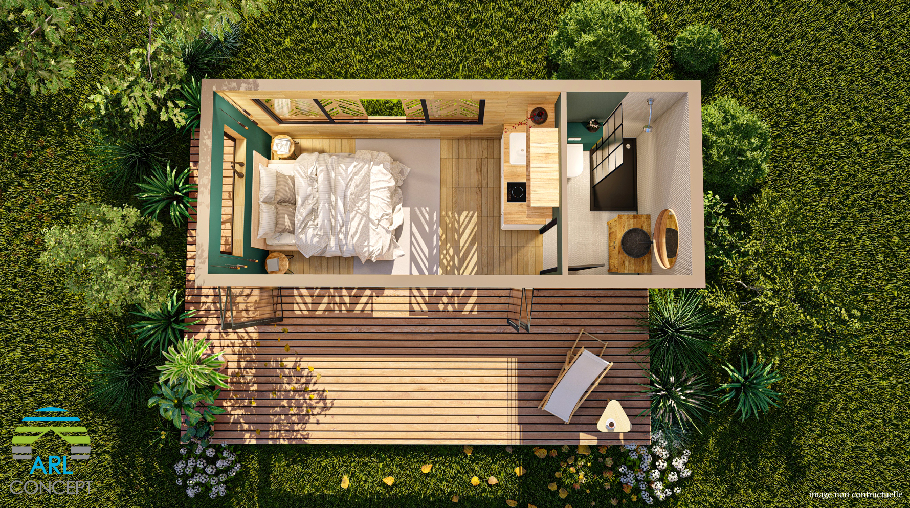 Studio aménagé personnalisable, avec salle de bain coin douche et wc - Container 20 pieds_1