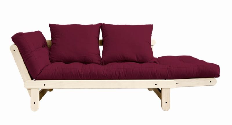 Banquette méridienne futon Beat - Pin naturel et tissu bordeaux - Couchage 75x200 cm_1
