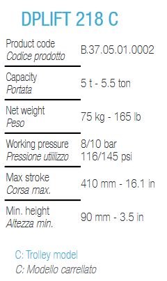 Dplift 218 C - Crics oléopneumatiques à chariot Dino Paoli - Capacité 5T - Poids 75 kg_1