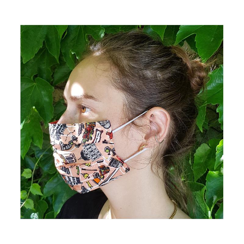 Masque lavable en soie imprimée Lyon estival - doublé coton - pêche - 9x18 cm_1