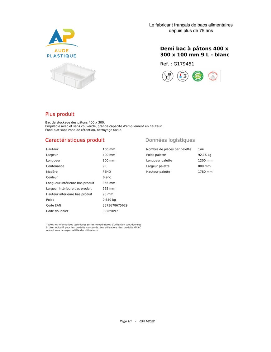 Bac à pâton de 9 litres - 400x300x100 mm - avec couvercle blanc - en PP alimentaire_1