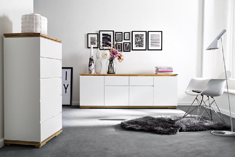 Buffet Charly 4 portes 2 tiroirs - Laqué blanc mat avec plateau et socle en chêne noueux_1