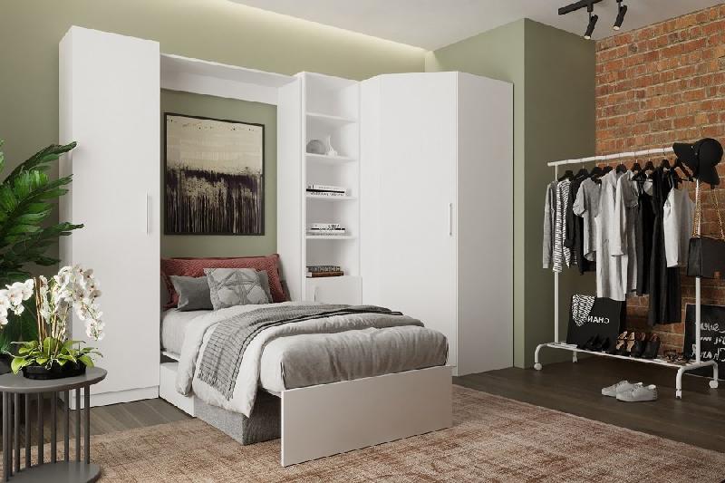 Composition angle lit escamotable blanc Dynamo Sofa avec canapé intégré gris - couchage 90x200 cm - dimensions 301x100 cm_1