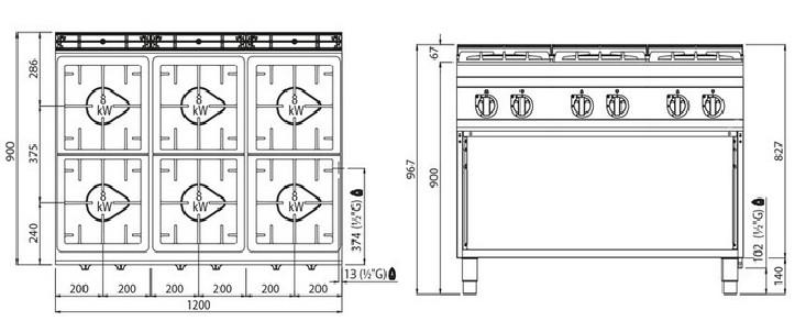 Fourneau à gaz 6 feux professionnel - version 900_1