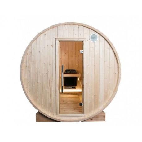 Sauna extérieur Harvia type tonneau avec poêle à bois - 180 cm (L) x 220 cm (diamètre) - 4 personnes - Épicéa 40 mm et acier inoxydable_1