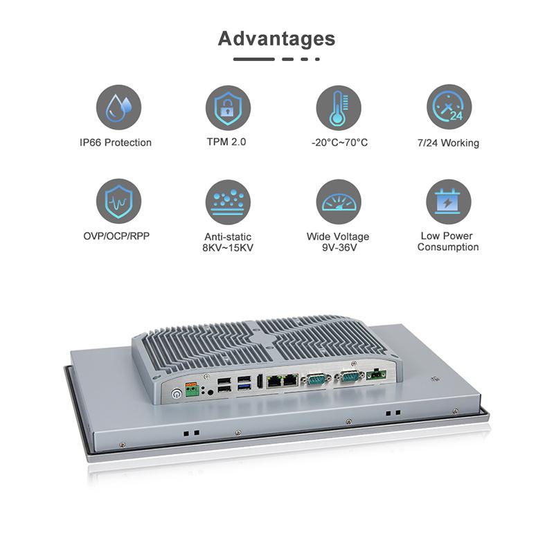 Panel PC industriel fanless 23.8 pouces 16:9 Full HD pour HMI, supervision et automatisation - EVI-24WAC, façade avant IP66, connectique complète_1