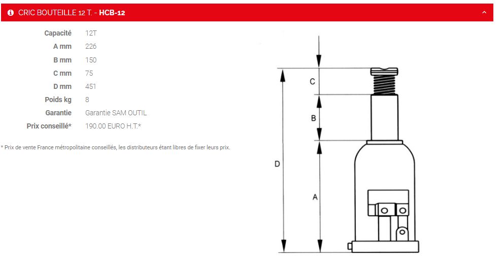 HBC-12 - Cric bouteille 12T - Sam Outillage - Avec soupape de sécurité et poignée emboîtable_1