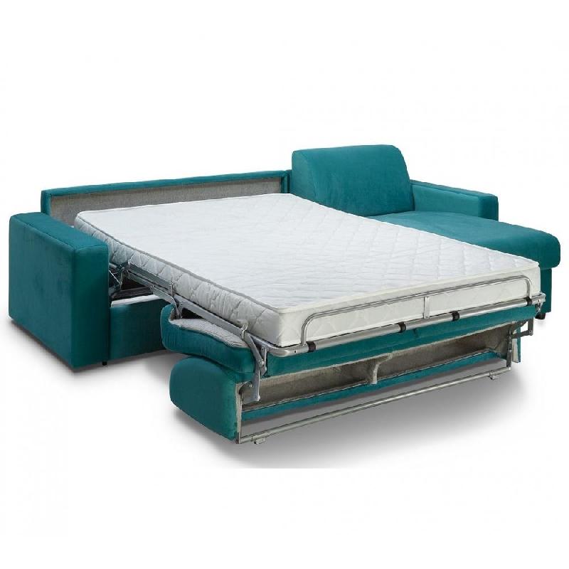 Canapé d'angle convertible Night Edition - Velours bleu paon - Couchage express 140 cm avec matelas Excellence Literie 14 cm_1