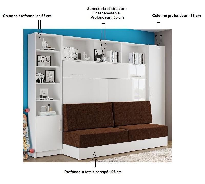Composition lit escamotable Vertigo Sofa blanc brillant - canapé marron 160x200 cm avec colonnes de rangement - L : 311 cm_1