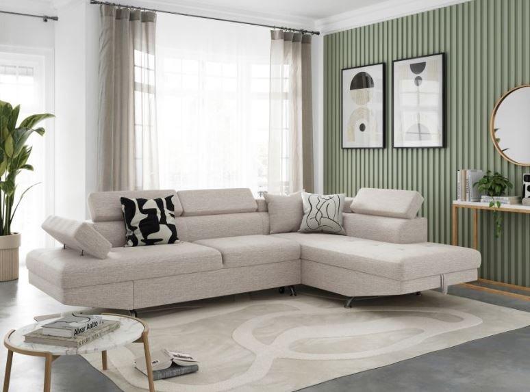 Canapé d'angle convertible méridienne droite RINO beige - pieds métal - avec coffre et têtières réglables_1