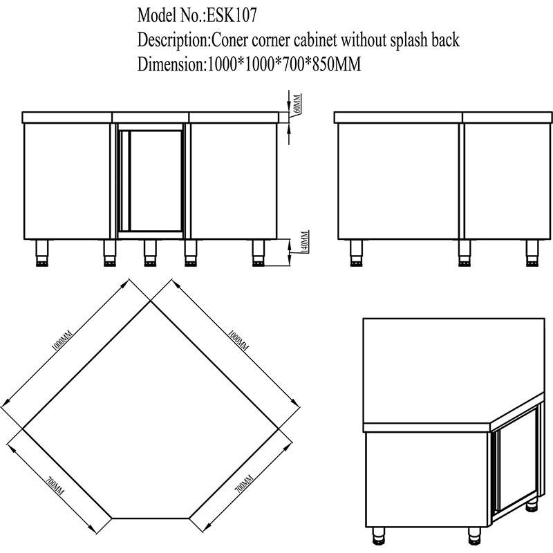 Meuble d'angle inox bas central P 700 mm_1