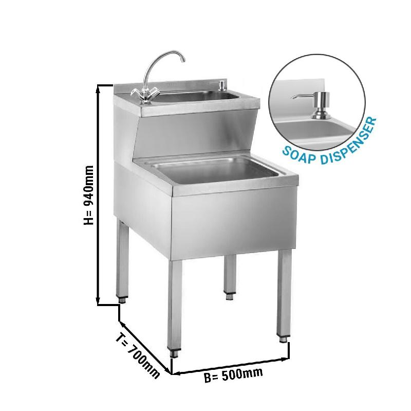 Lave-mains et évier en acier inoxydable avec distributeur de savon, P 700 mm._1