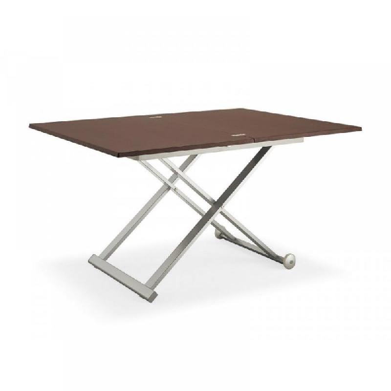 Table basse relevable et extensible Flexy - bois wengé et acier satiné - piétement croisé avec roues_1