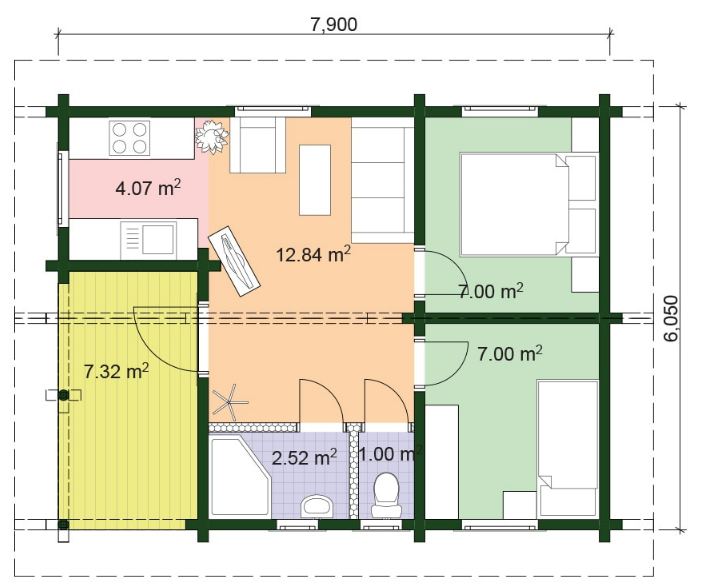 Camping cabin 2 en kit - Palmatin - cabane spacieuse avec terrasse, 2 chambres et 34,4m² de surface habitable_1