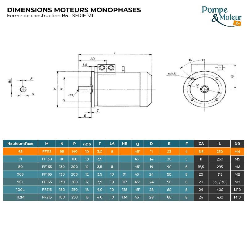 Moteur électrique monophasé CEMER ML6322B5 - 220V - 0,25kW - 3000 tr/min - Bride B5 - Double condensateur - IP55_1
