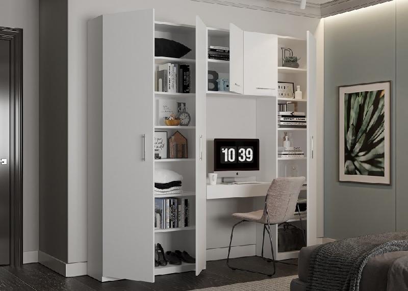 Ensemble de rangement pont avec table bureau et tiroir - Blanc mat - Largeur 250 cm - Collection SMART_1