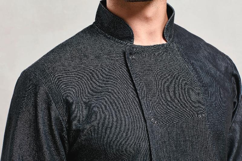 Veste de cuisine en denim - Chef cuisinier - Réf: PR660 - Col Mao, fermeture croisée et 10 boutons_1