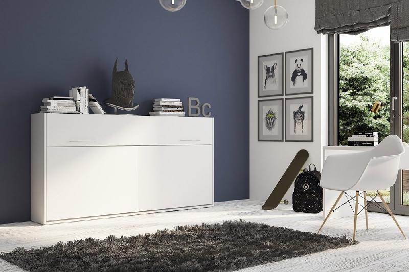 Armoire lit escamotable VERTIGO blanc mat - Couchage quotidien 90x200 cm - Ouverture transversale_1