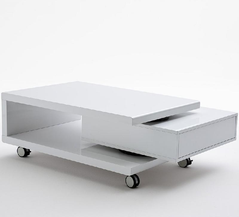 Table basse sur roulettes Angela - coloris blanc avec tiroir rotatif et compartiment ouvert_1