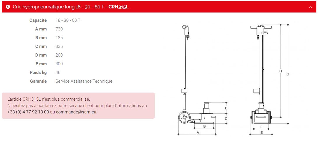Crh315l - cric hydropneumatique long - Sam Outillage - capacité 18-30-60T - conformité CE et usage véhicules lourds_1
