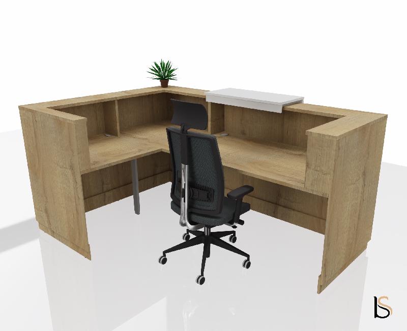 Banque d'accueil d'angle Delta Plus avec réhausse - Mobel Linea - 224, Blanc mat, Droite, Oui, Chêne veiné_2