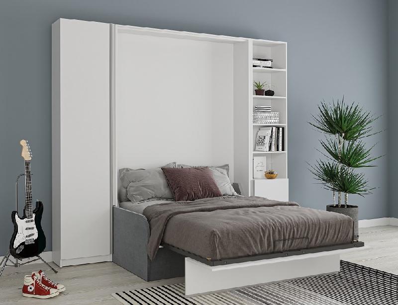 Composition lit escamotable 160x200 cm blanc mat Bermudes Sofa - canapé microfibre gris avec 2 colonnes_1